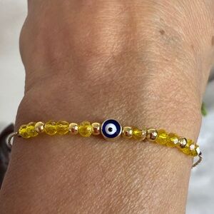 Yellow Faceted Crystal Beads Bracelet with Blue Devil Eye Charm - NWOT